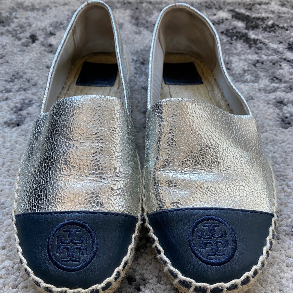 Tory Burch Silver and Navy Espadrilles